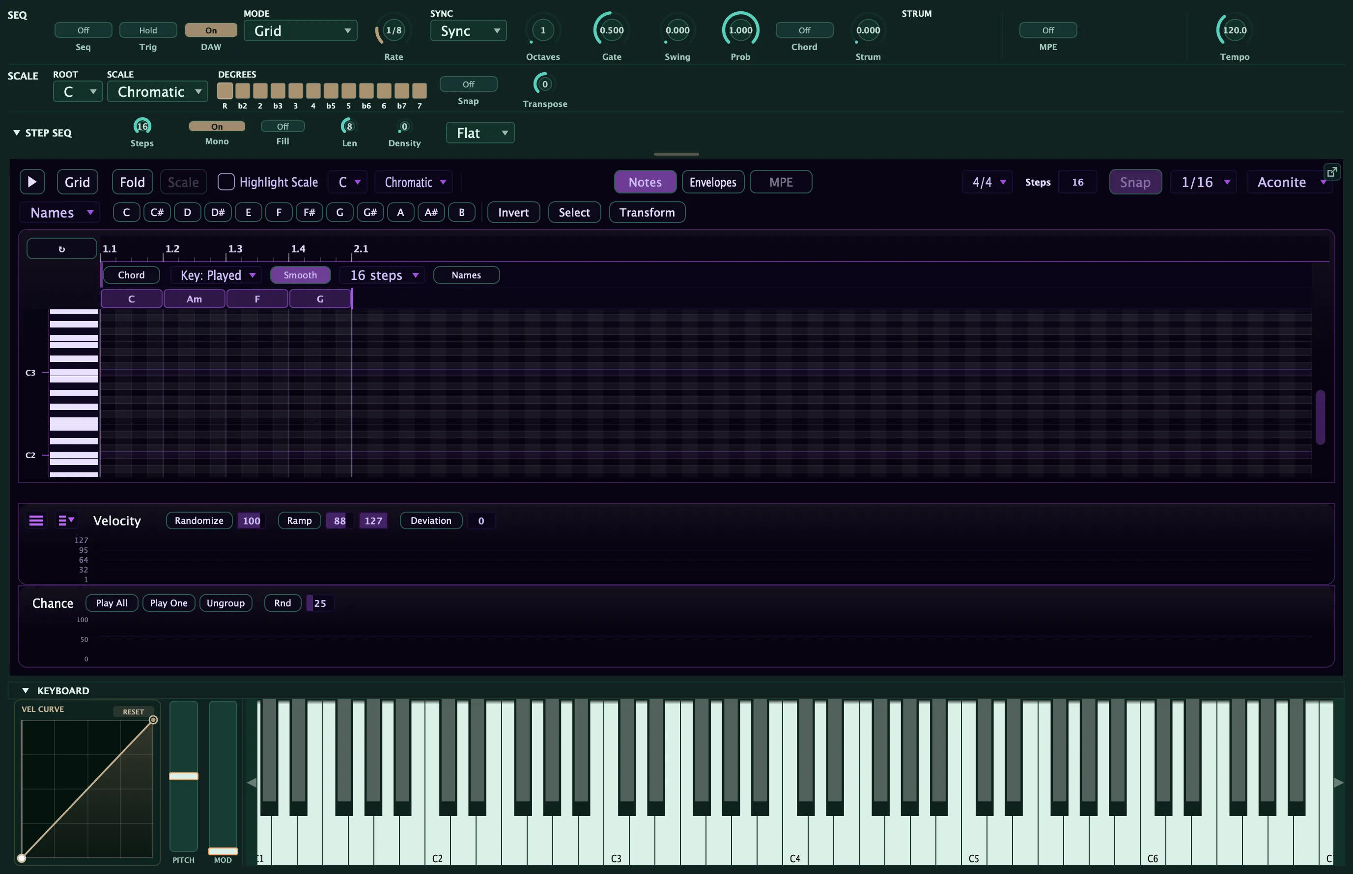 The chord lane, a band of chord blocks pinned above the note grid in Grid mode