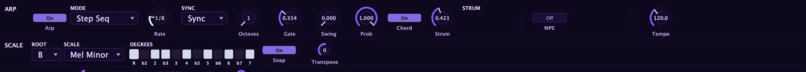 The arpeggiator and scale controls