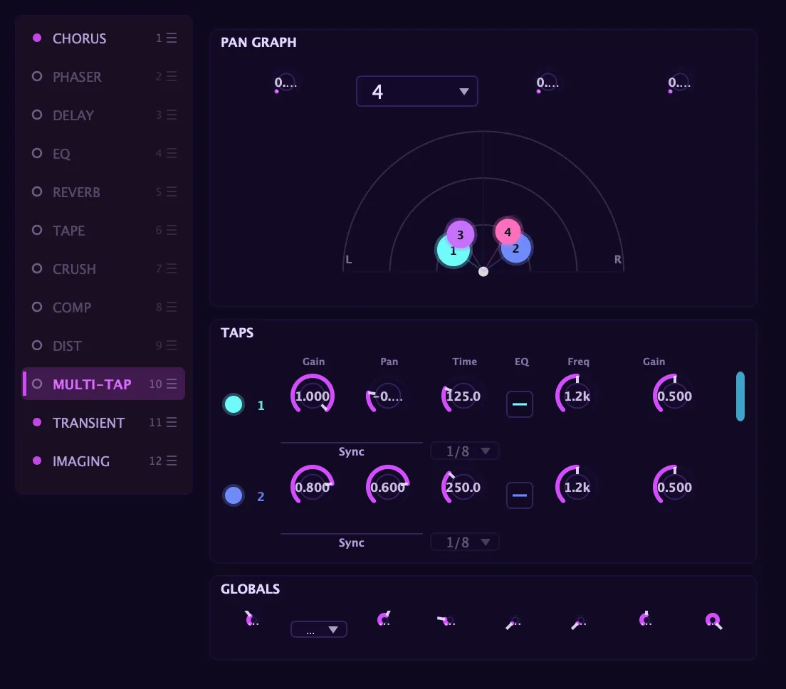 The Multi-tap delay panel